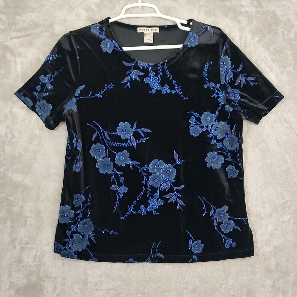 Notations Womens Medium S/S Pull Over Top Black Velour With A Blue Floral Design